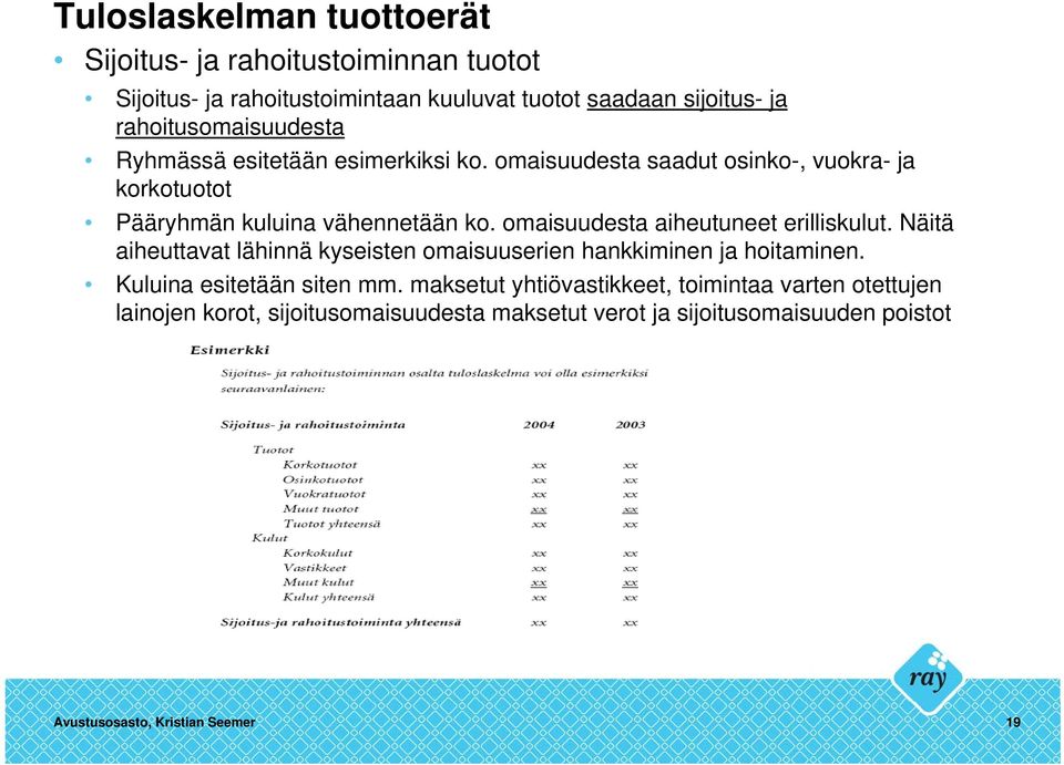 omaisuudesta aiheutuneet erilliskulut. Näitä aiheuttavat lähinnä kyseisten omaisuuserien hankkiminen ja hoitaminen. Kuluina esitetään siten mm.