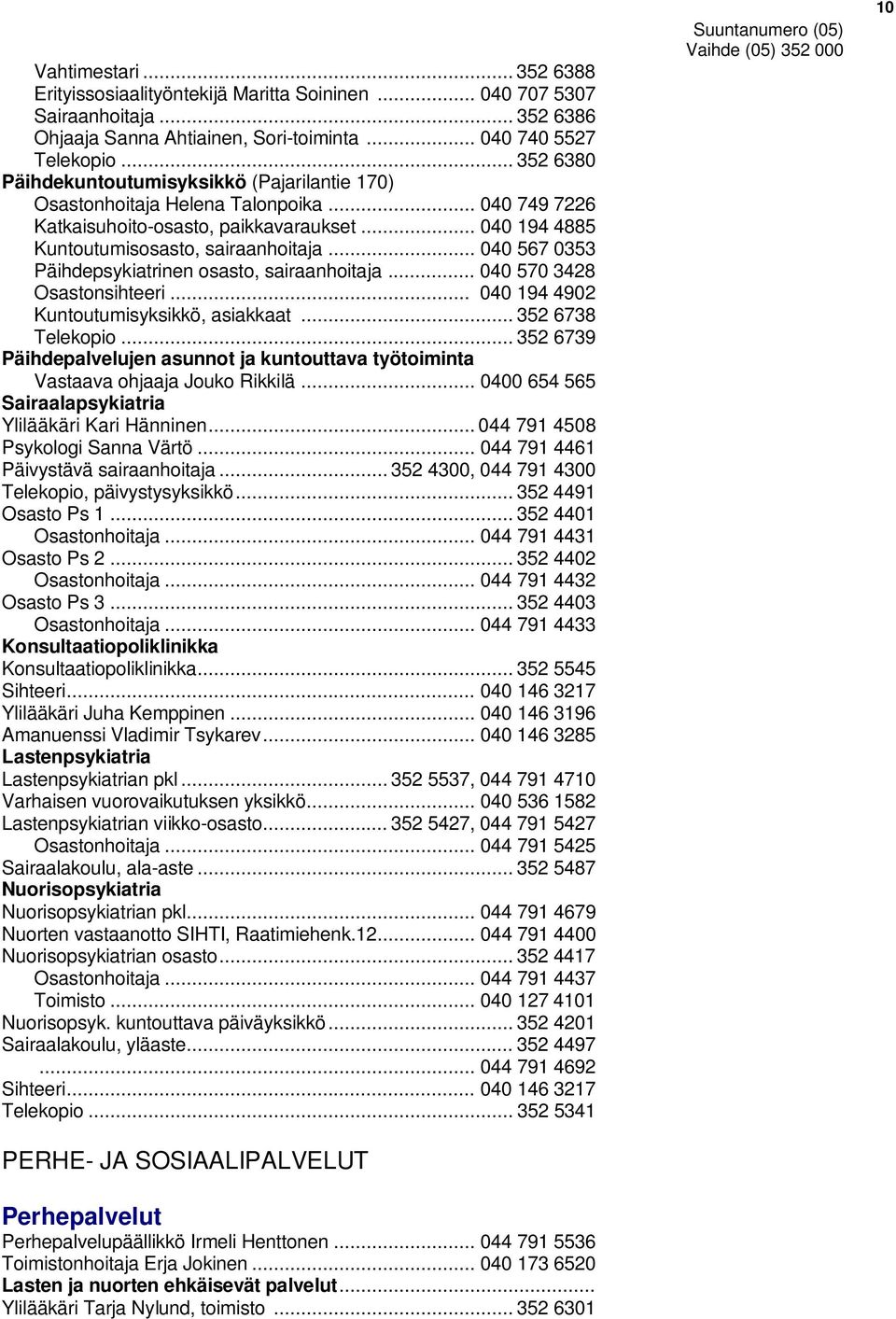 .. 040 567 0353 Päihdepsykiatrinen osasto, sairaanhoitaja... 040 570 3428 Osastonsihteeri... 040 194 4902 Kuntoutumisyksikkö, asiakkaat... 352 6738 Telekopio.