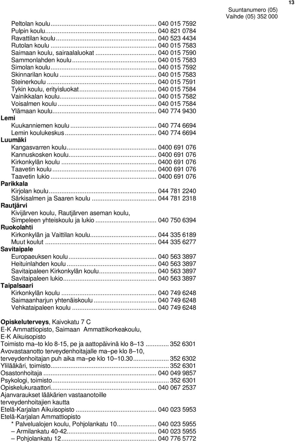 .. 040 015 7584 Ylämaan koulu... 040 774 9430 Lemi Kuukanniemen koulu... 040 774 6694 Lemin koulukeskus... 040 774 6694 Luumäki Kangasvarren koulu... 0400 691 076 Kannuskosken koulu.