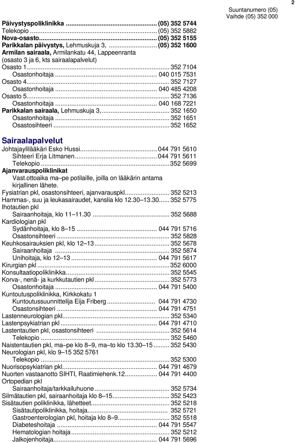 .. 040 485 4208 Osasto 5... 352 7136 Osastonhoitaja... 040 168 7221 Parikkalan sairaala, Lehmuskuja 3,... 352 1650 Osastonhoitaja... 352 1651 Osastosihteeri.