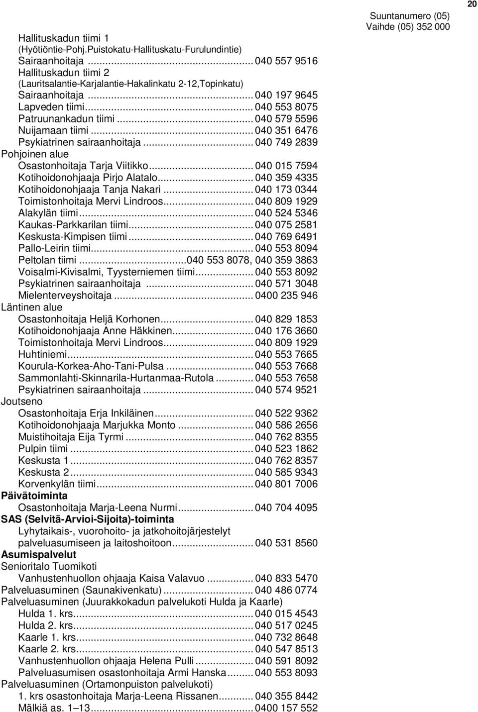 .. 040 749 2839 Pohjoinen alue Osastonhoitaja Tarja Viitikko... 040 015 7594 Kotihoidonohjaaja Pirjo Alatalo... 040 359 4335 Kotihoidonohjaaja Tanja Nakari.