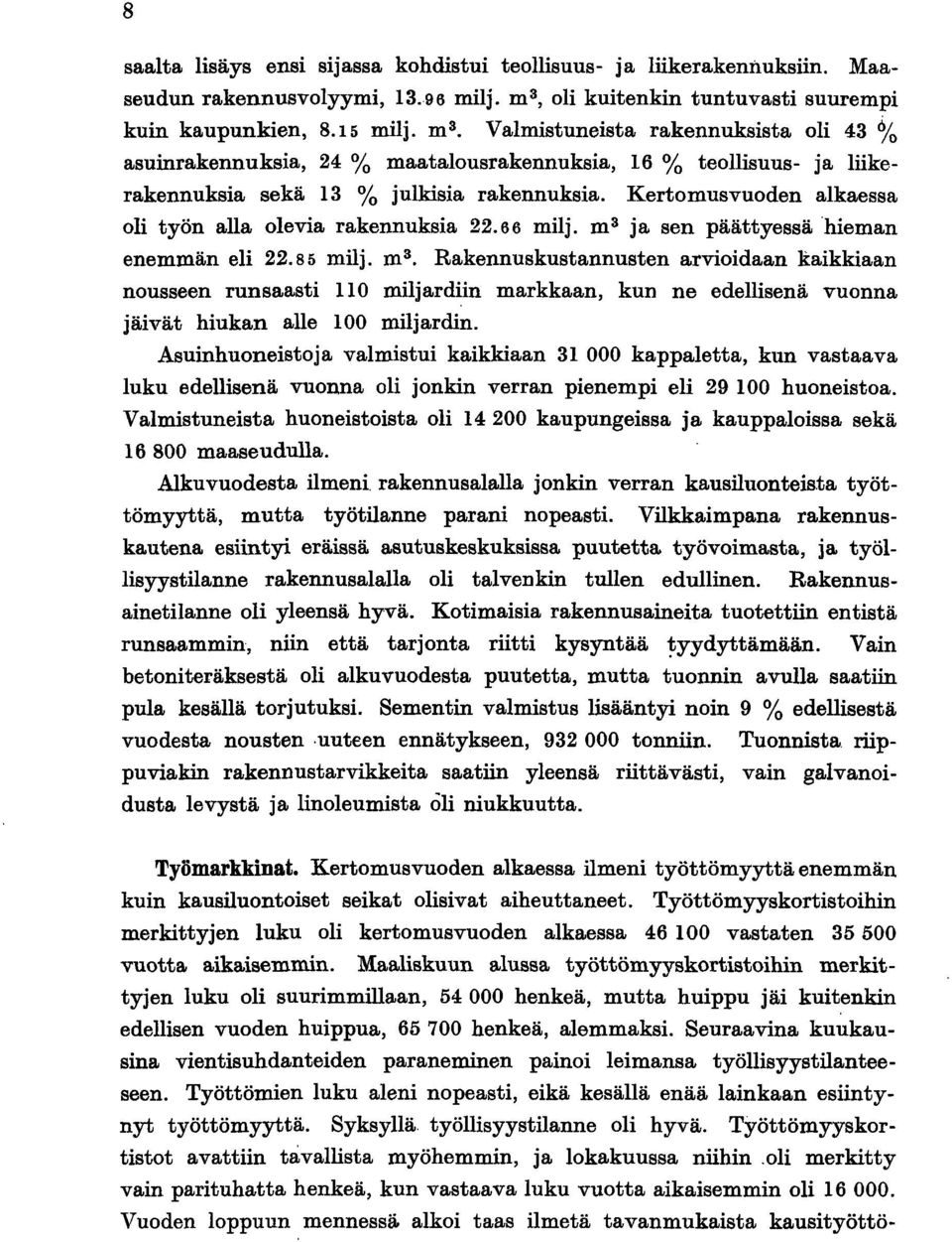 Kertomusvuoden alkaessa oli työn alla olevia rakennuksia 22.66 milj. m 3 ja sen päättyessä hieman enemmän eli 22.85 milj.