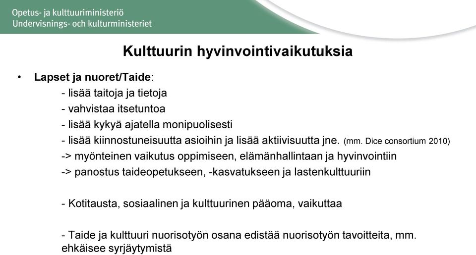 Dice consortium 2010) -> myönteinen vaikutus oppimiseen, elämänhallintaan ja hyvinvointiin -> panostus taideopetukseen,