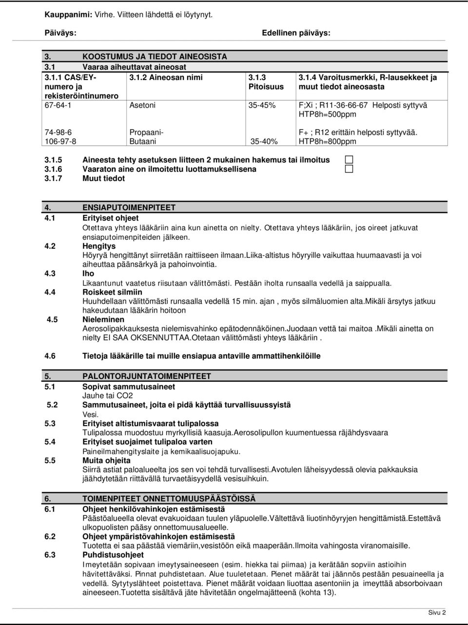 1 CAS/EYnumero ja rekisteröintinumero 3.1.2 Aineosan nimi 3.1.3 Pitoisuus 67-64-1 Asetoni 35-45% 3.1.4 Varoitusmerkki, R-lausekkeet ja muut tiedot aineosasta F;Xi ; R11-36-66-67 Helposti syttyvä HTP8h=500ppm 74-98-6 106-97-8 Propaani- Butaani 35-40% F+ ; R12 erittäin helposti syttyvää.