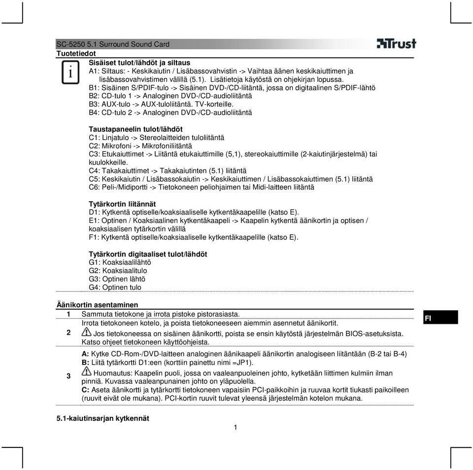 B1: Sisäinen S/PDIF-tulo -> Sisäinen DVD-/CD-liitäntä, jossa on digitaalinen S/PDIF-lähtö B2: CD-tulo 1 -> Analoginen DVD-/CD-audioliitäntä B3: AUX-tulo -> AUX-tuloliitäntä. TV-korteille.