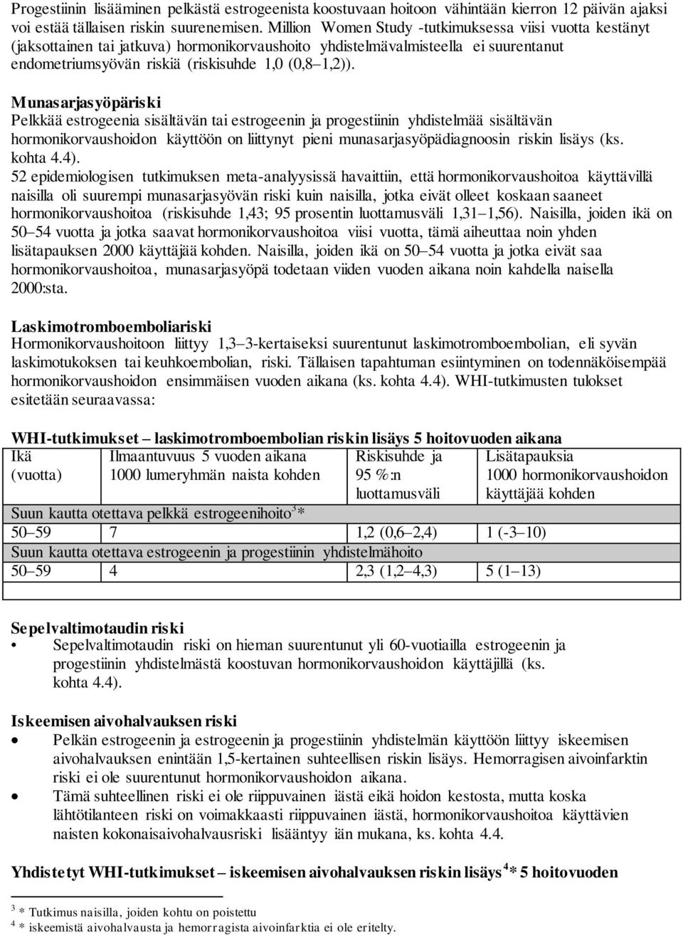 Munasarjasyöpäriski Pelkkää estrogeenia sisältävän tai estrogeenin ja progestiinin yhdistelmää sisältävän hormonikorvaushoidon käyttöön on liittynyt pieni munasarjasyöpädiagnoosin riskin lisäys (ks.