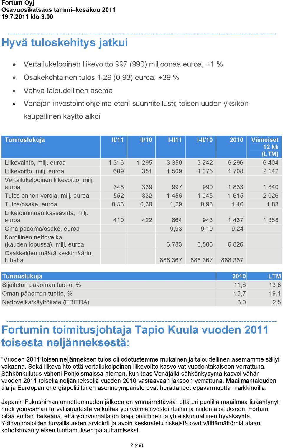 suunnitellusti; toisen uuden yksikön kaupallinen käyttö alkoi Tunnuslukuja II/11 II/10 I-II11 I-II/10 2010 Viimeiset 12 kk (LTM) Liikevaihto, milj.