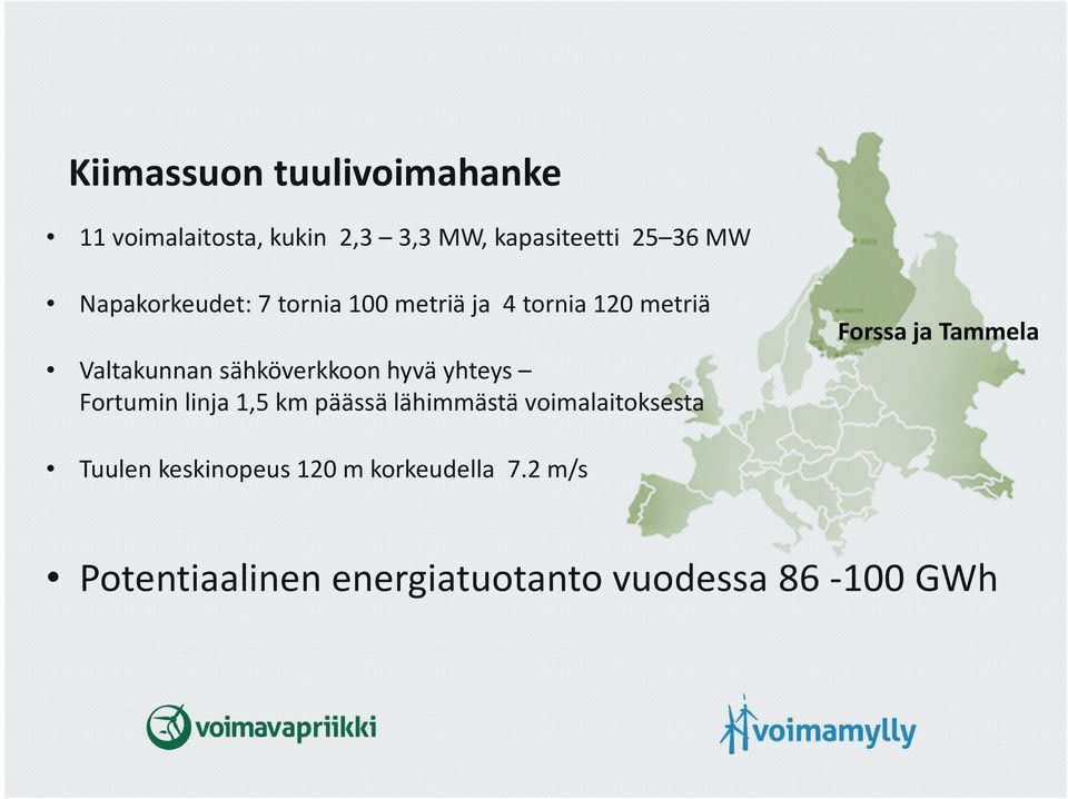 hyvä yhteys Fortumin linja 1,5 km päässä lähimmästä voimalaitoksesta Forssa ja Tammela