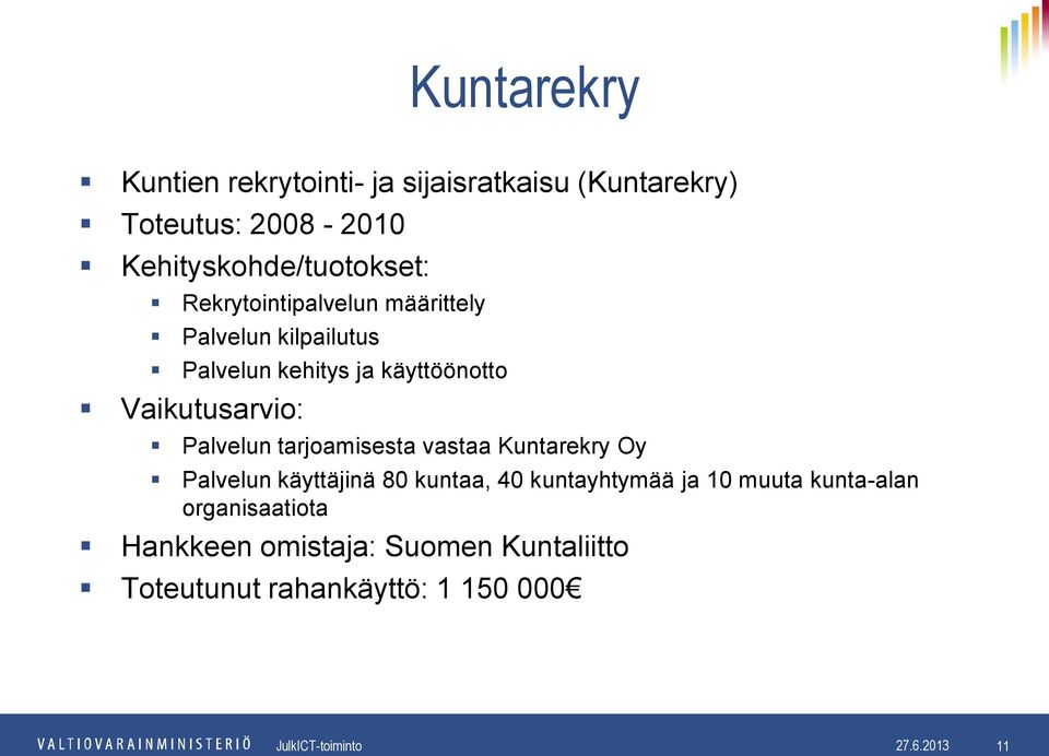 Vaikutusarvio: Palvelun tarjoamisesta vastaa Kuntarekry Oy Palvelun käyttäjinä 80 kuntaa, 40