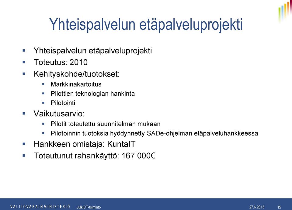 Pilotit toteutettu suunnitelman mukaan Pilotoinnin tuotoksia hyödynnetty