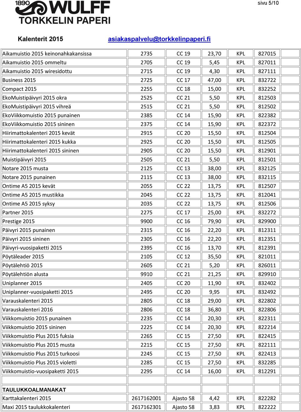 2015 punainen 2385 CC 14 15,90 KPL 822382 EkoViikkomuistio 2015 sininen 2375 CC 14 15,90 KPL 822372 Hiirimattokalenteri 2015 kevät 2915 CC 20 15,50 KPL 812504 Hiirimattokalenteri 2015 kukka 2925 CC