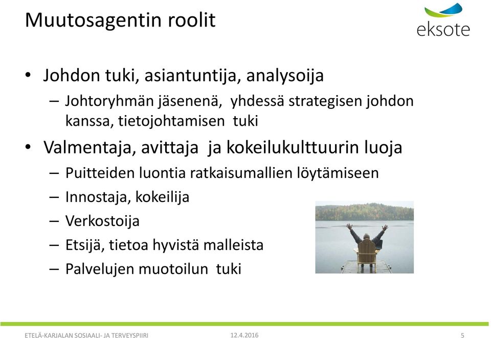 luoja Puitteiden luontia ratkaisumallien löytämiseen Innostaja, kokeilija Verkostoija Etsijä,