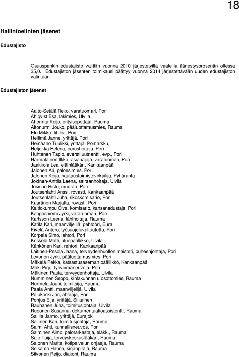 Edustajiston jäsenet Aalto-Setälä Reko, varatuomari, Pori Ahlqvist Esa, lakimies, Ulvila Ahorinta Keijo, erityisopettaja, Rauma Aitonurmi Jouko, pääluottamusmies, Rauma Elo Mikko, fil. lis.