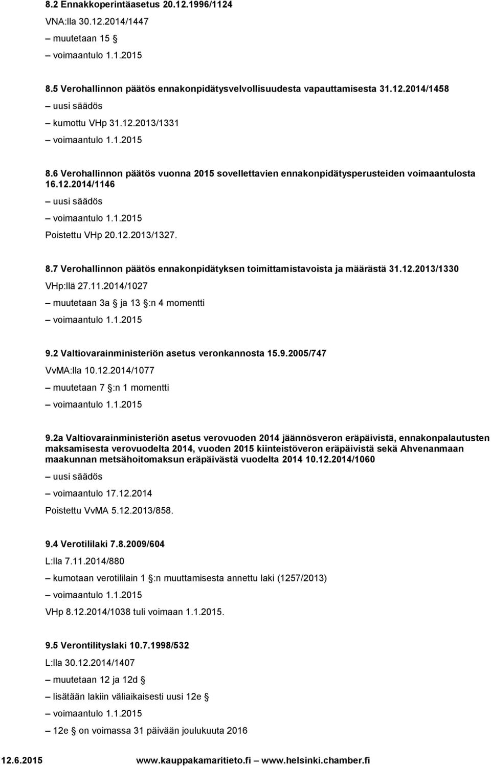 7 Verohallinnon päätös ennakonpidätyksen toimittamistavoista ja määrästä 31.12.2013/1330 VHp:llä 27.11.2014/1027 muutetaan 3a ja 13 :n 4 momentti 9.2 Valtiovarainministeriön asetus veronkannosta 15.9.2005/747 VvMA:lla 10.