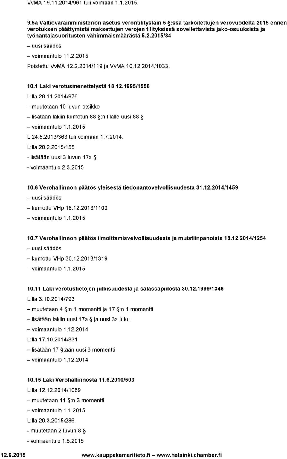 työnantajasuoritusten vähimmäismäärästä 5.2.2015/84 voimaantulo 11.2.2015 Poistettu VvMA 12.2.2014/119 ja VvMA 10.12.2014/1033. 10.1 Laki verotusmenettelystä 18.12.1995/1558 L:lla 28.11.2014/976 muutetaan 10 luvun otsikko lisätään lakiin kumotun 88 :n tilalle uusi 88 L 24.