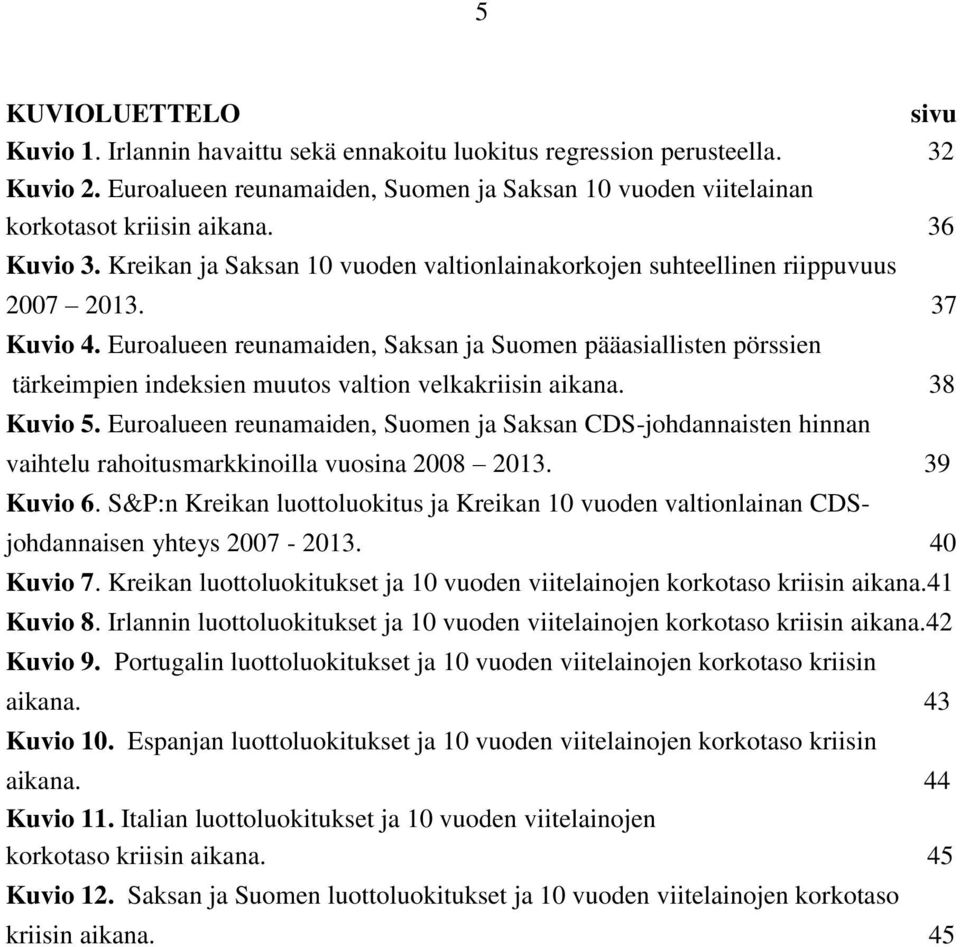 Euroalueen reunamaiden, Saksan ja Suomen pääasiallisten pörssien tärkeimpien indeksien muutos valtion velkakriisin aikana. 38 Kuvio 5.