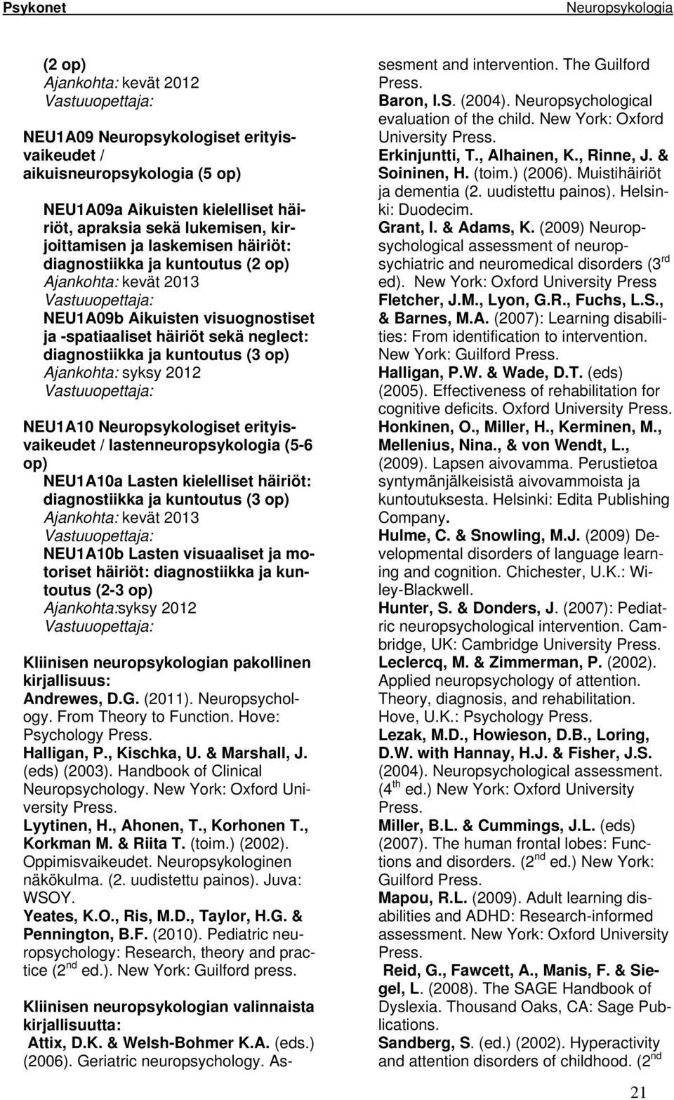 syksy 2012 NEU1A10 Neuropsykologiset erityisvaikeudet / lastenneuropsykologia (5-6 op) NEU1A10a Lasten kielelliset häiriöt: diagnostiikka ja kuntoutus Ajankohta: kevät 2013 NEU1A10b Lasten