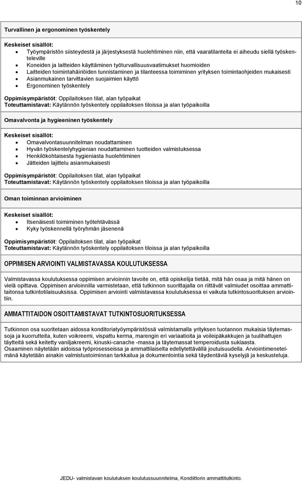 Ergonominen työskentely Omavalvonta ja hygieeninen työskentely Omavalvontasuunnitelman noudattaminen Hyvän työskentelyhygienian noudattaminen tuotteiden valmistuksessa Henkilökohtaisesta hygieniasta