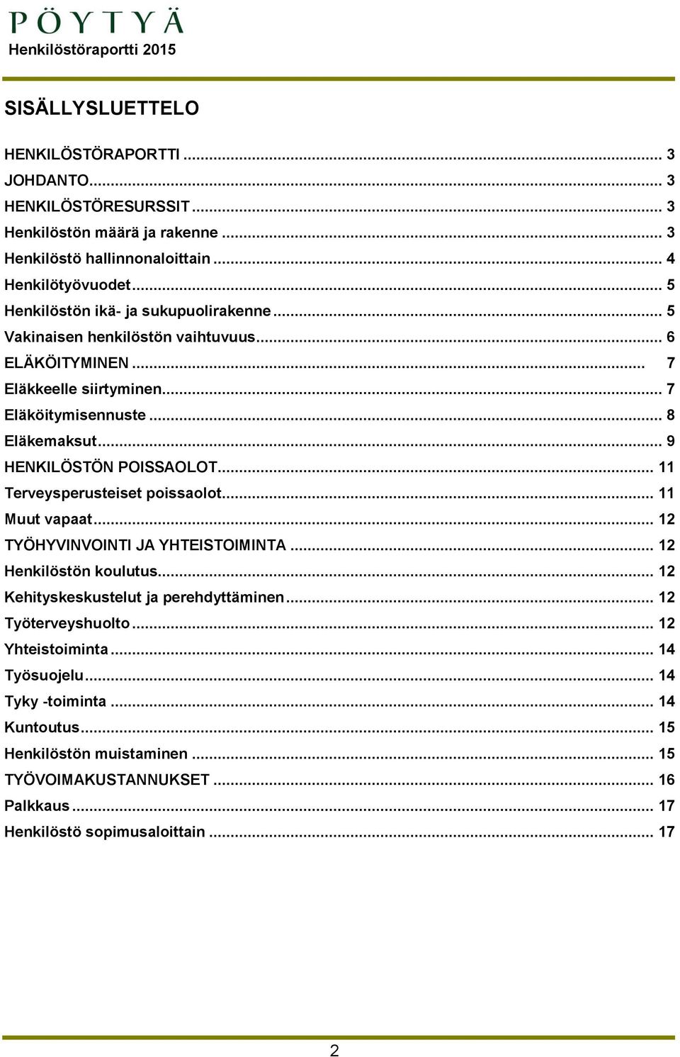 .. 9 HENKILÖSTÖN POISSAOLOT... 11 Terveysperusteiset poissaolot... 11 Muut vapaat... 12 TYÖHYVINVOINTI JA YHTEISTOIMINTA... 12 Henkilöstön koulutus.