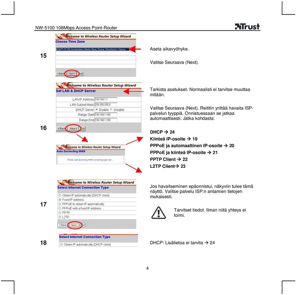 Jatka kohdasta: 16 DHCP 24 Kiinteä IP-osoite 19 PPPoE ja automaattinen IP-osoite 20 PPPoE ja kiinteä IP-osoite 21 PPTP Client 22 L2TP