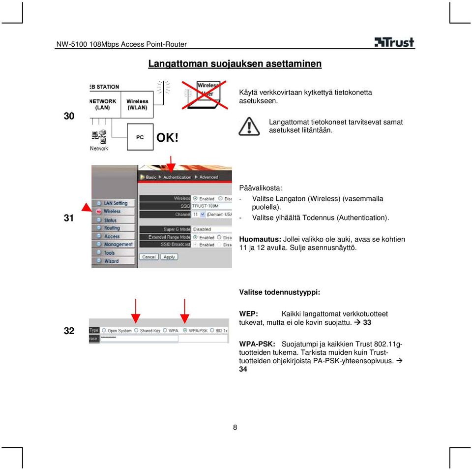 - Valitse ylhäältä Todennus (Authentication). Huomautus: Jollei valikko ole auki, avaa se kohtien 11 ja 12 avulla. Sulje asennusnäyttö.