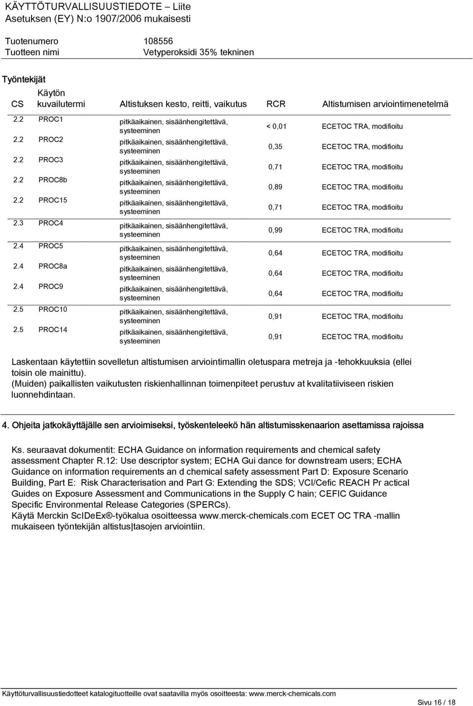 3 PROC4 pitkäaikainen, sisäänhengitettävä, 2.4 PROC5 pitkäaikainen, sisäänhengitettävä, 2.4 PROC8a pitkäaikainen, sisäänhengitettävä, 2.4 PROC9 pitkäaikainen, sisäänhengitettävä, 2.