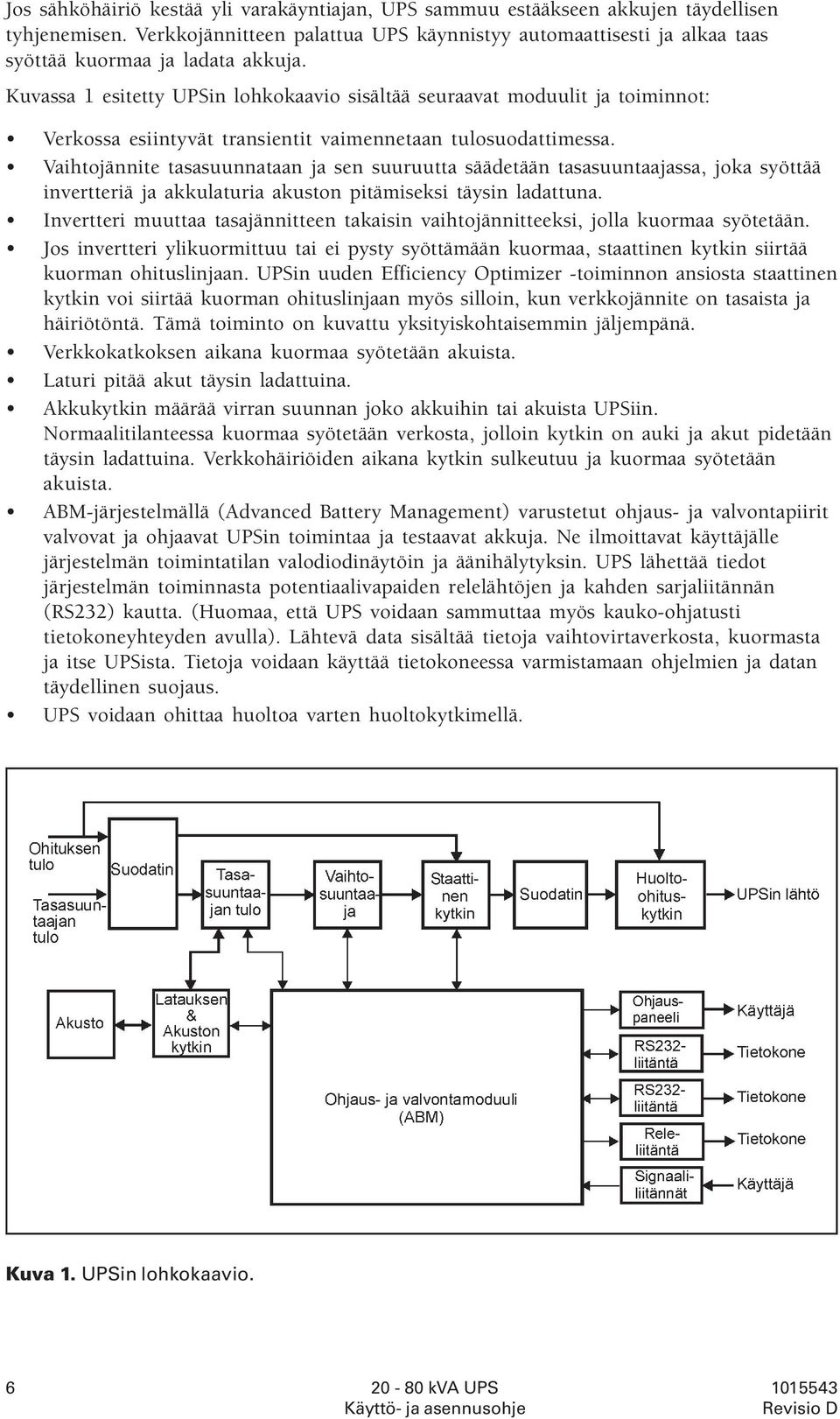 Kuvassa 1 esitetty UPSin lohkokaavio sisältää seuraavat moduulit ja toiminnot: Verkossa esiintyvät transientit vaimennetaan tulosuodattimessa.