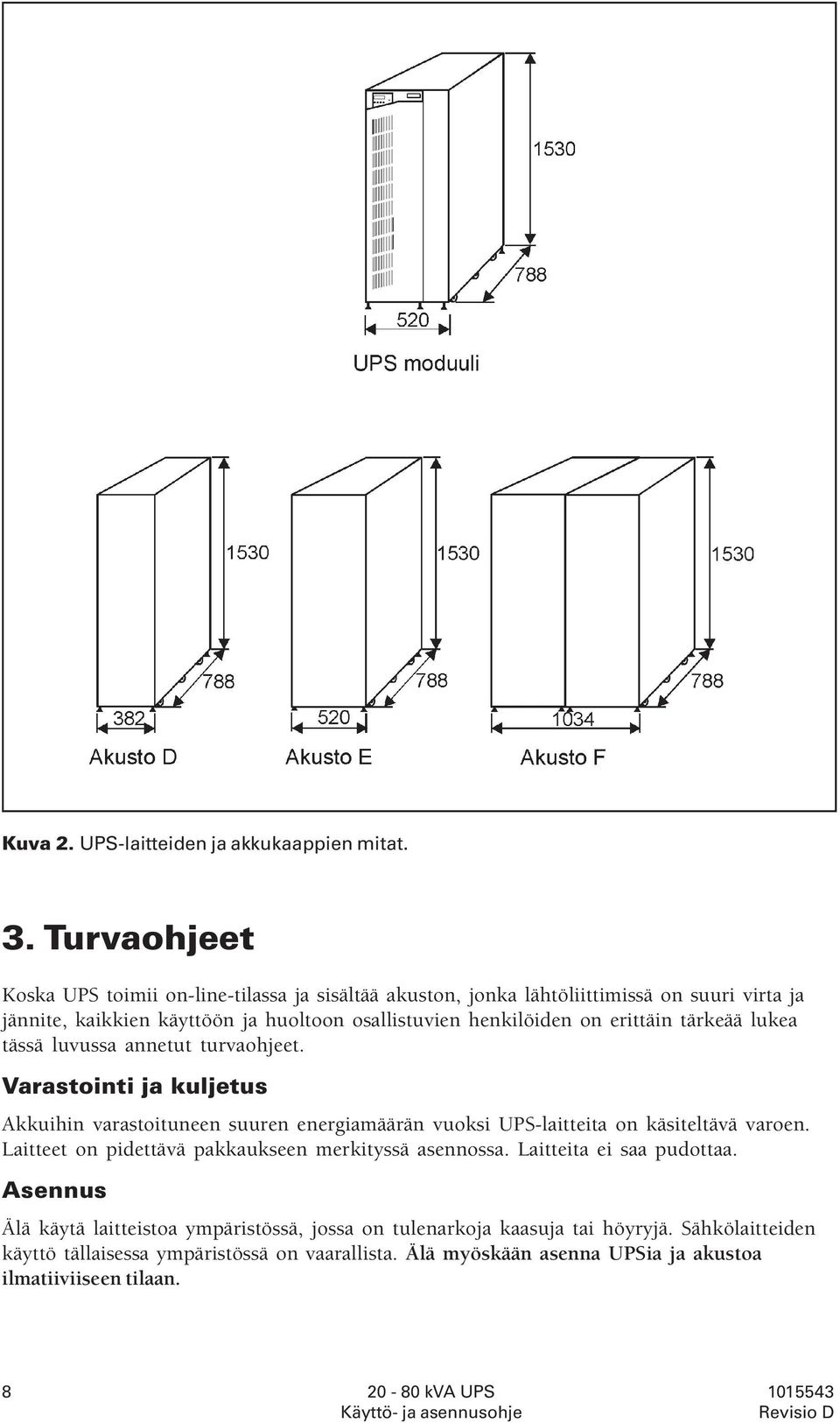 on erittäin tärkeää lukea tässä luvussa annetut turvaohjeet. Varastointi ja kuljetus Akkuihin varastoituneen suuren energiamäärän vuoksi UPS-laitteita on käsiteltävä varoen.