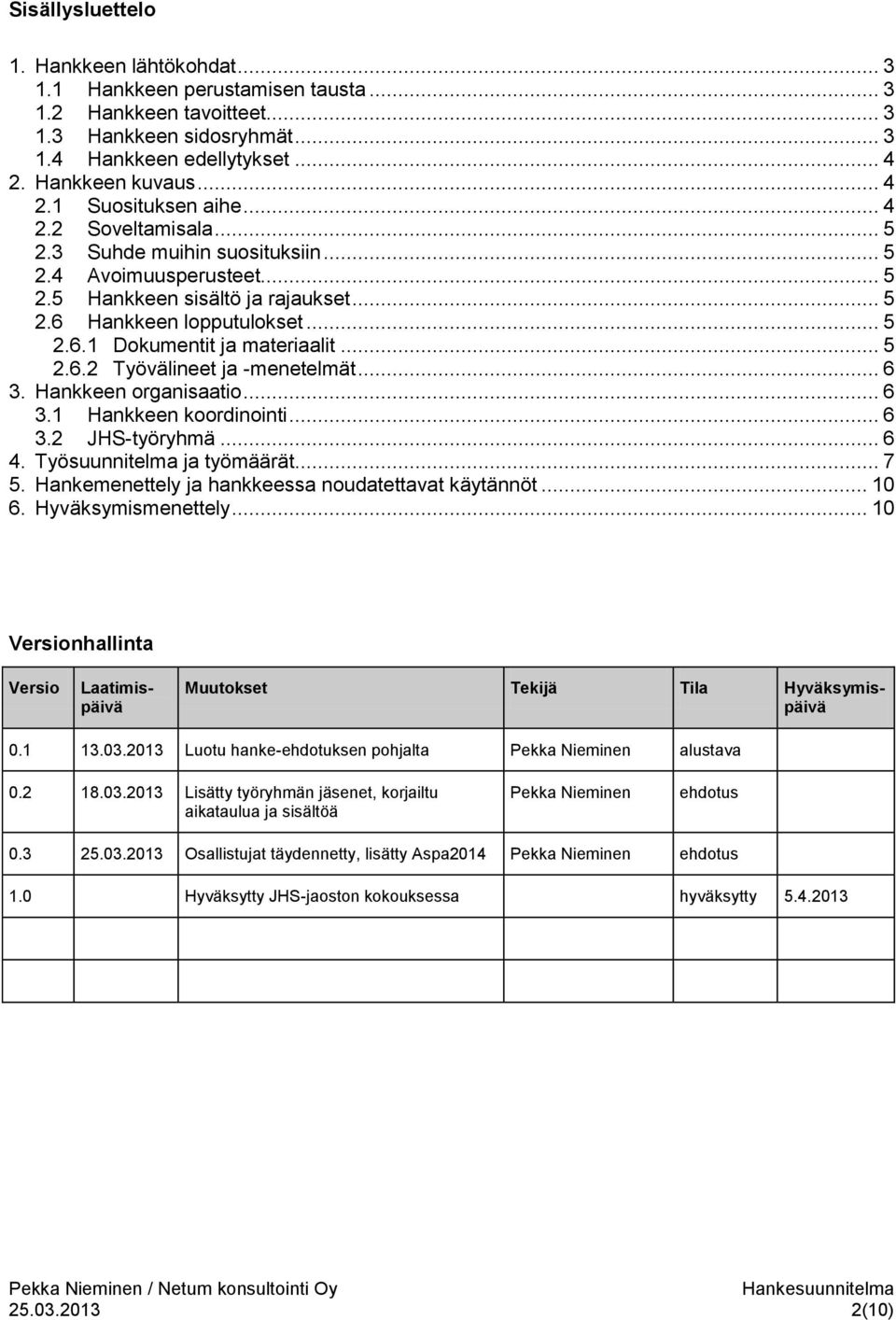 .. 6 3. Hankkeen organisaatio... 6 3.1 Hankkeen koordinointi... 6 3.2 JHS-työryhmä... 6 4. Työsuunnitelma ja työmäärät... 7 5. Hankemenettely ja hankkeessa noudatettavat käytännöt... 10 6.