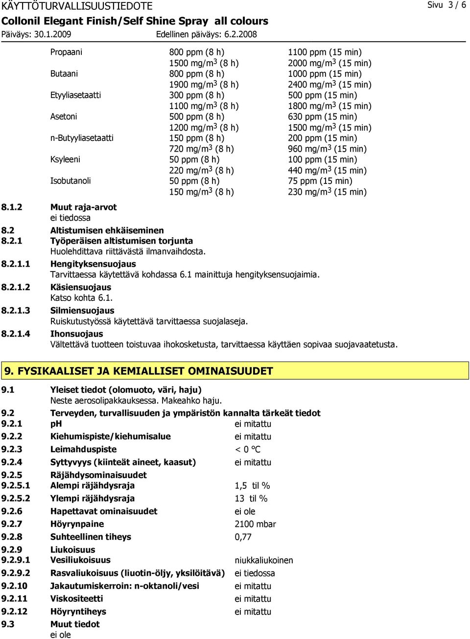 800 ppm (8 h) 1100 ppm (15 min) 1500 mg/m 3 (8 h) 2000 mg/m 3 (15 min) 800 ppm (8 h) 1000 ppm (15 min) 1900 mg/m 3 (8 h) 2400 mg/m 3 (15 min) 300 ppm (8 h) 500 ppm (15 min) 1100 mg/m 3 (8 h) 1800