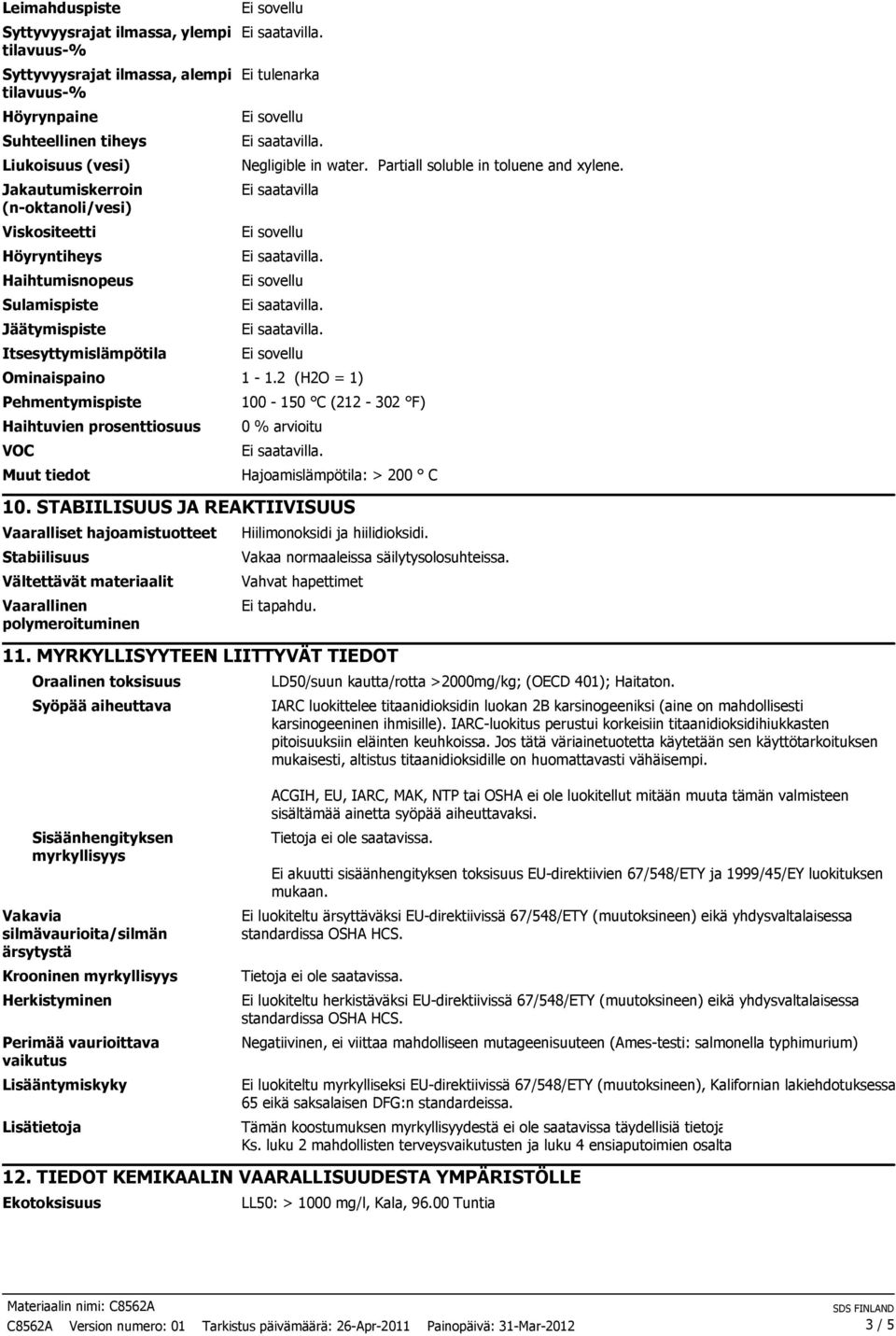 2 (H2O = 1) Pehmentymispiste Haihtuvien prosenttiosuus VOC 100-150 C (212-302 F) 0 % arvioitu Hajoamislämpötila: > 200 C 10.