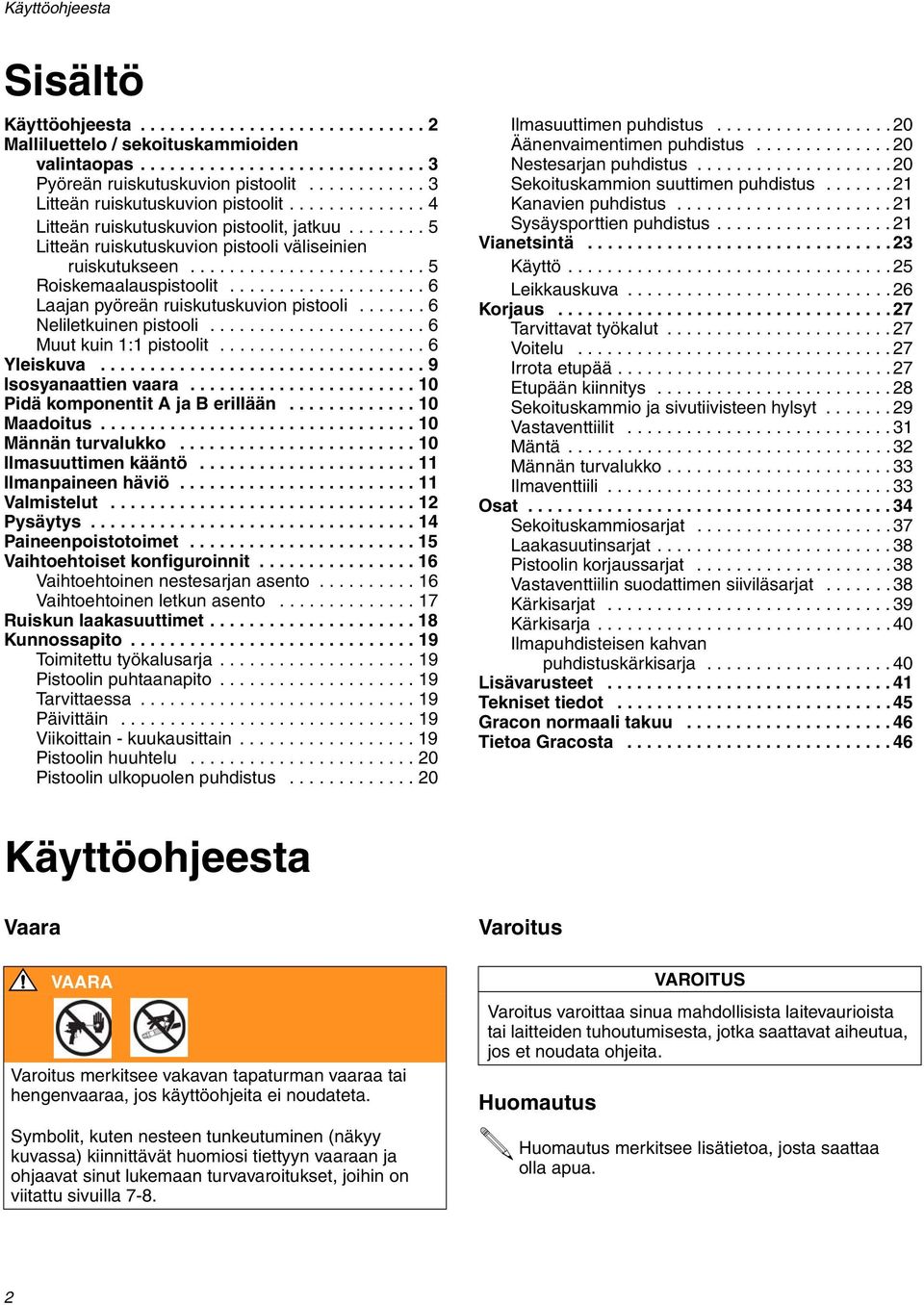 ....................... 5 Roiskemaalauspistoolit.................... 6 Laajan pyöreän ruiskutuskuvion pistooli....... 6 Neliletkuinen pistooli...................... 6 Muut kuin 1:1 pistoolit.