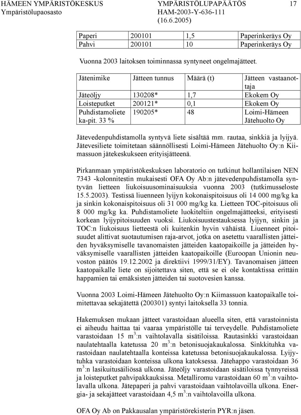 33 % 190205* 48 Loimi-Hämeen Jätehuolto Oy Jätevedenpuhdistamolla syntyvä liete sisältää mm. rautaa, sinkkiä ja lyijyä.