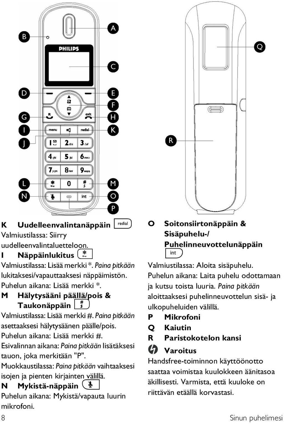 Esivalinnan aikana: Paina pitkään lisätäksesi tauon, joka merkitään "P". Muokkaustilassa: Paina pitkään vaihtaaksesi isojen ja pienten kirjainten välillä.