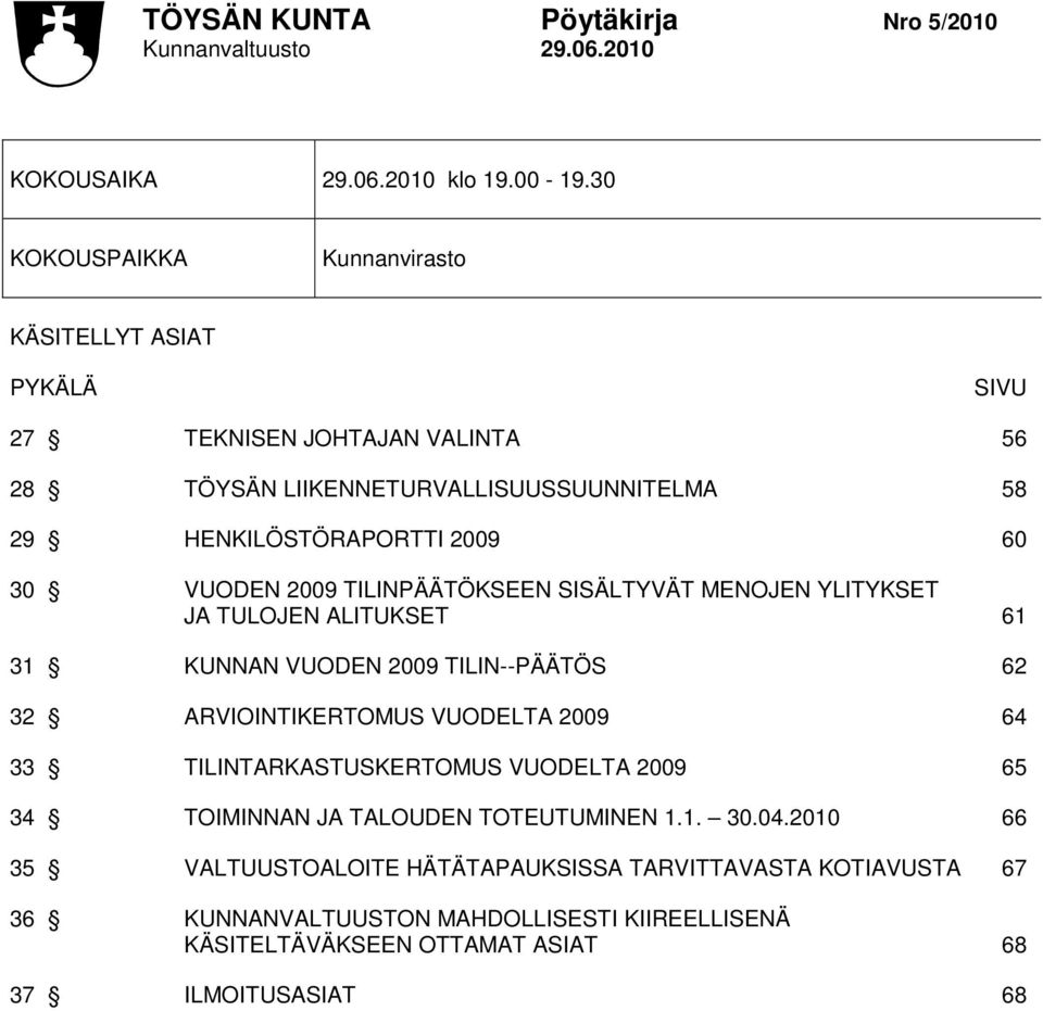 60 30 VUODEN 2009 TILINPÄÄTÖKSEEN SISÄLTYVÄT MENOJEN YLITYKSET JA TULOJEN ALITUKSET 61 31 KUNNAN VUODEN 2009 TILIN--PÄÄTÖS 62 32 ARVIOINTIKERTOMUS VUODELTA 2009 64
