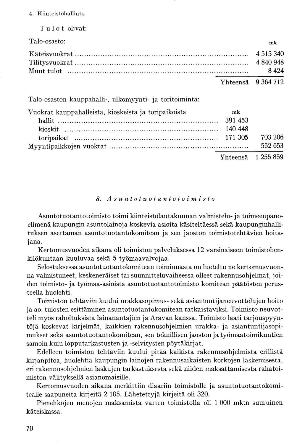 A suntotuotantotoi m i st o Asuntotuotantotoimisto toimi kiinteistölautakunnan valmistelu- ja toimeenpanoelimenä kaupungin asuntolainoja koskevia asioita käsiteltäessä sekä kaupunginhallituksen