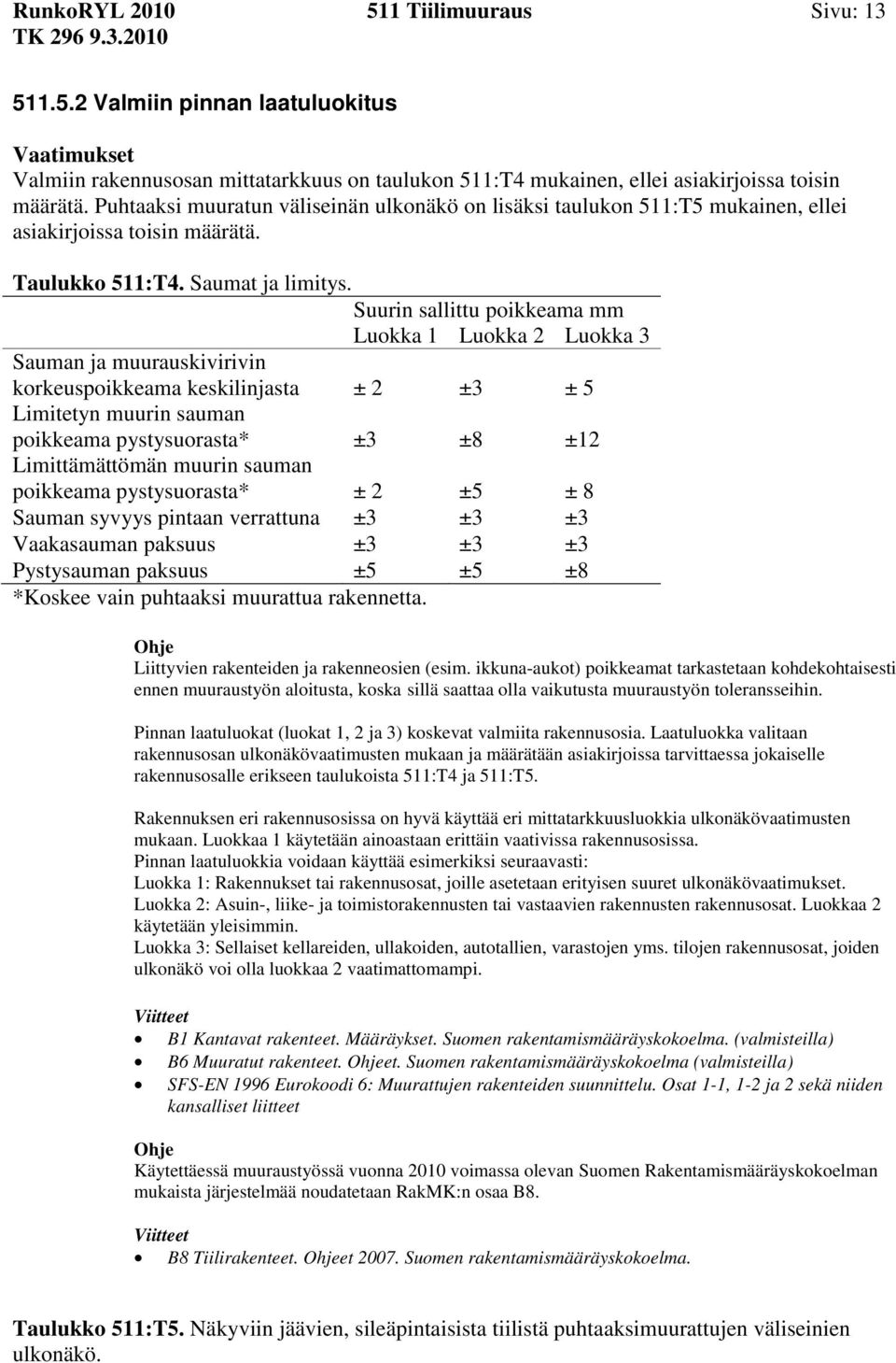 Suurin sallittu poikkeama mm Luokka 1 Luokka 2 Luokka 3 Sauman ja muurauskivirivin korkeuspoikkeama keskilinjasta ± 2 ±3 ± 5 Limitetyn muurin sauman poikkeama pystysuorasta* ±3 ±8 ±12 Limittämättömän