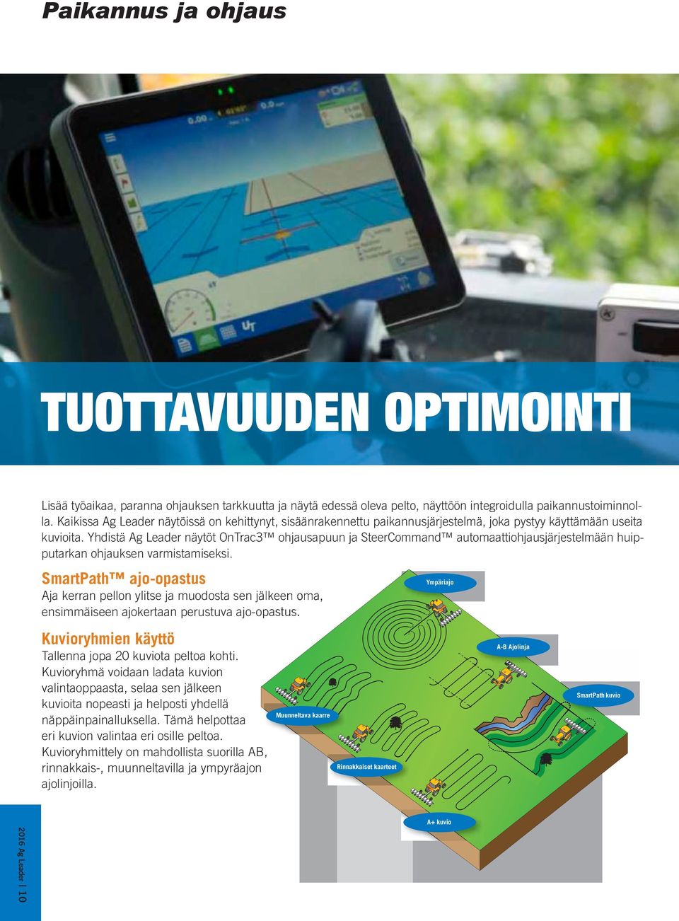 Yhdistä Ag Leader näytöt OnTrac3 ohjausapuun ja SteerCommand automaattiohjausjärjestelmään huipputarkan ohjauksen varmistamiseksi.