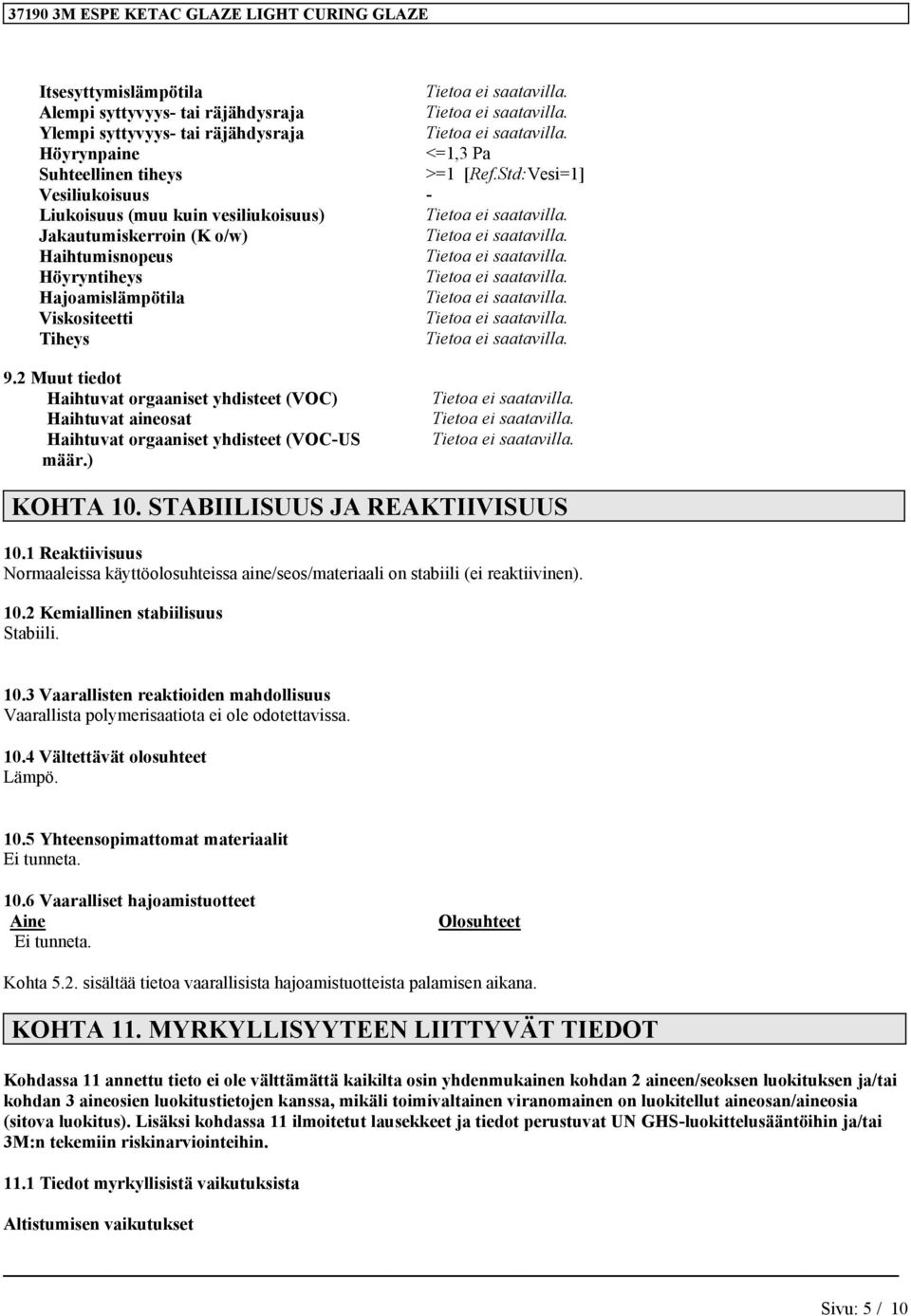 2 Muut tiedot Haihtuvat orgaaniset yhdisteet (VOC) Haihtuvat aineosat Haihtuvat orgaaniset yhdisteet (VOC-US määr.) KOHTA 10. STABIILISUUS JA REAKTIIVISUUS 10.