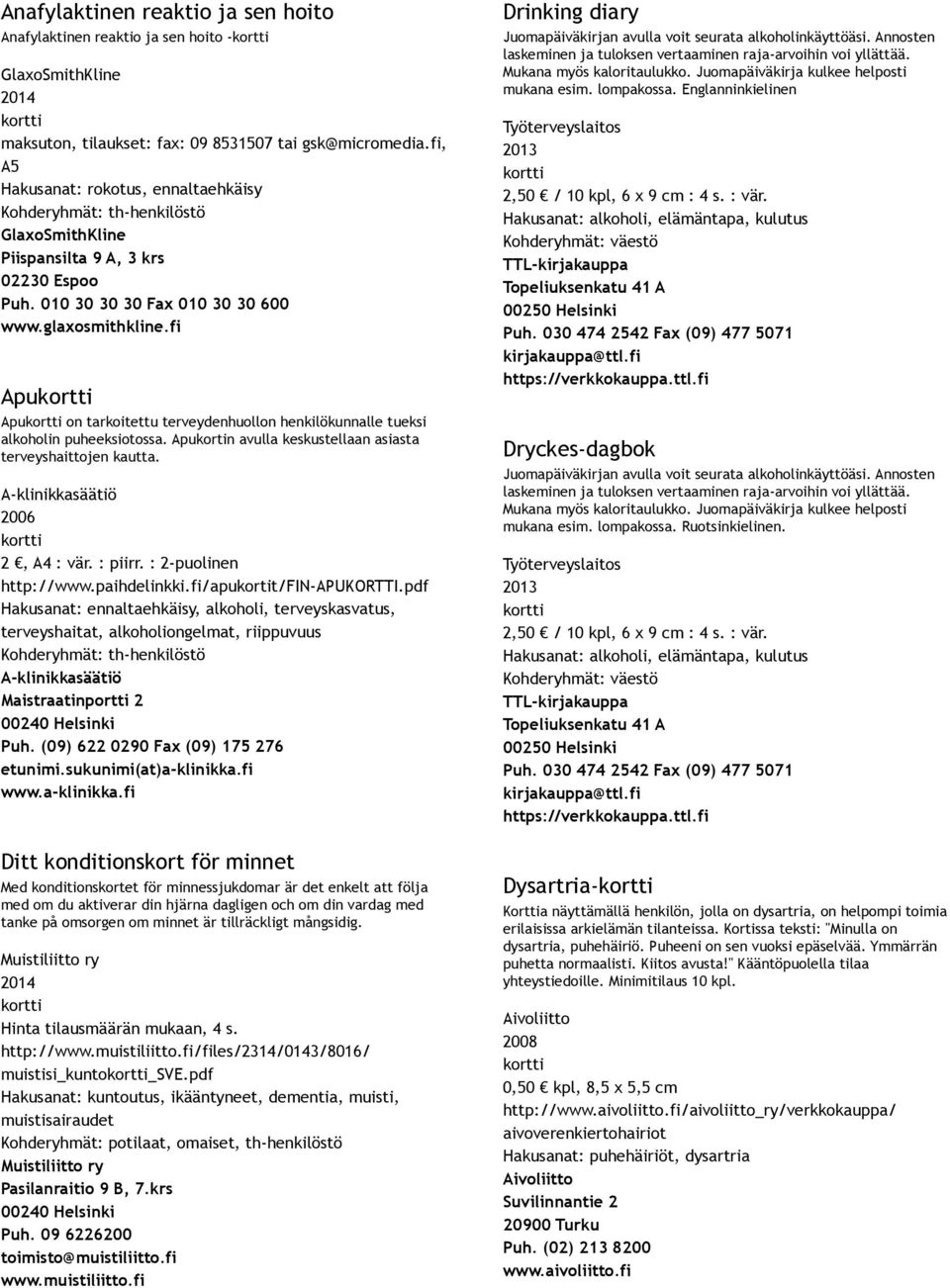 fi Apu Apu on tarkoitettu terveydenhuollon henkilökunnalle tueksi alkoholin puheeksiotossa. Apukortin avulla keskustellaan asiasta terveyshaittojen kautta. 2, A4 : vär. : piirr.