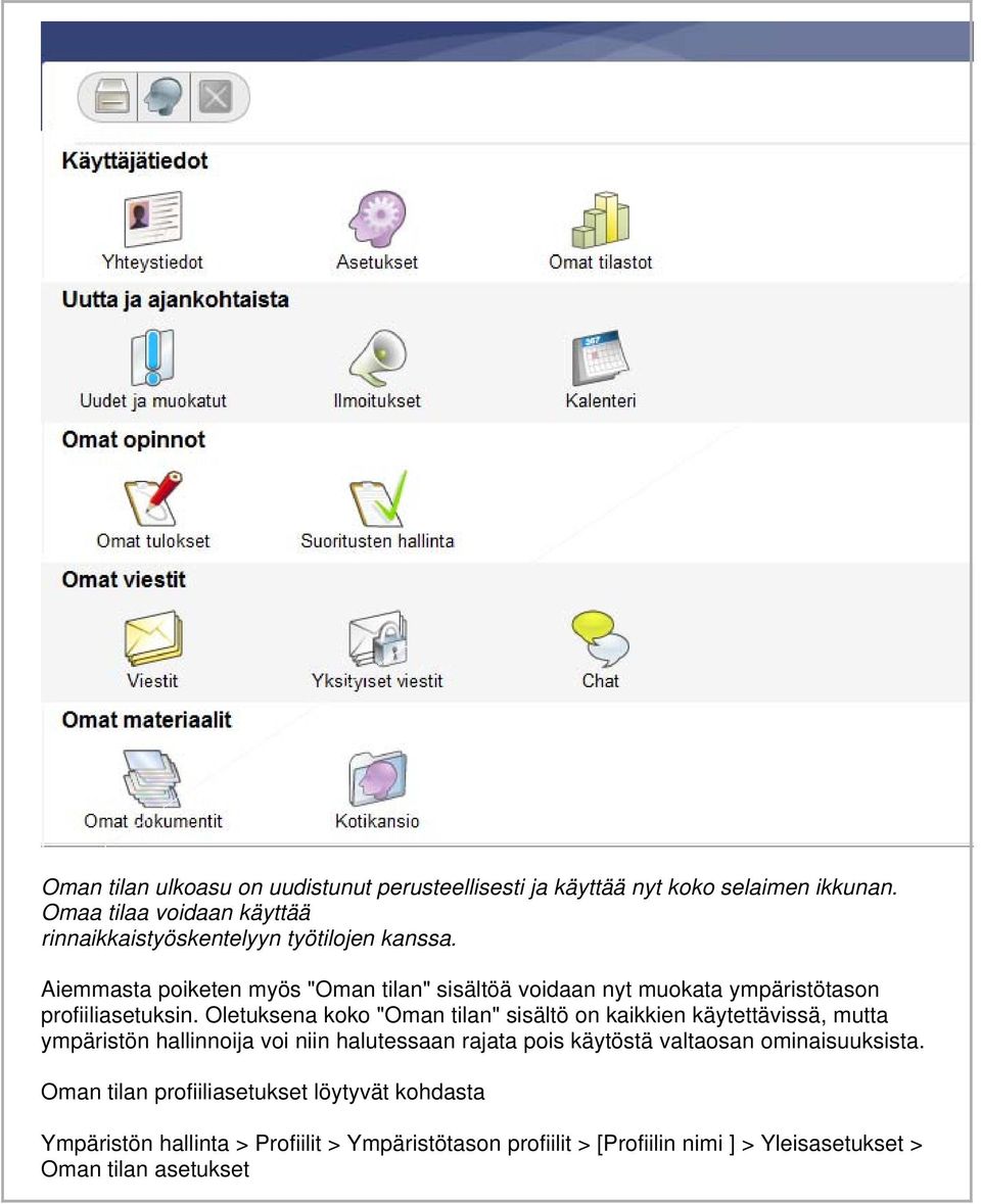 Aiemmasta poiketen myös "Oman tilan" sisältöä voidaan nyt muokata ympäristötason profiiliasetuksin.