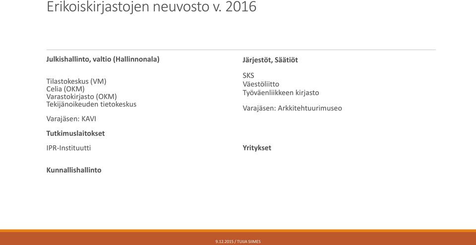 Varastokirjasto (OKM) Tekijänoikeuden tietokeskus Varajäsen: KAVI