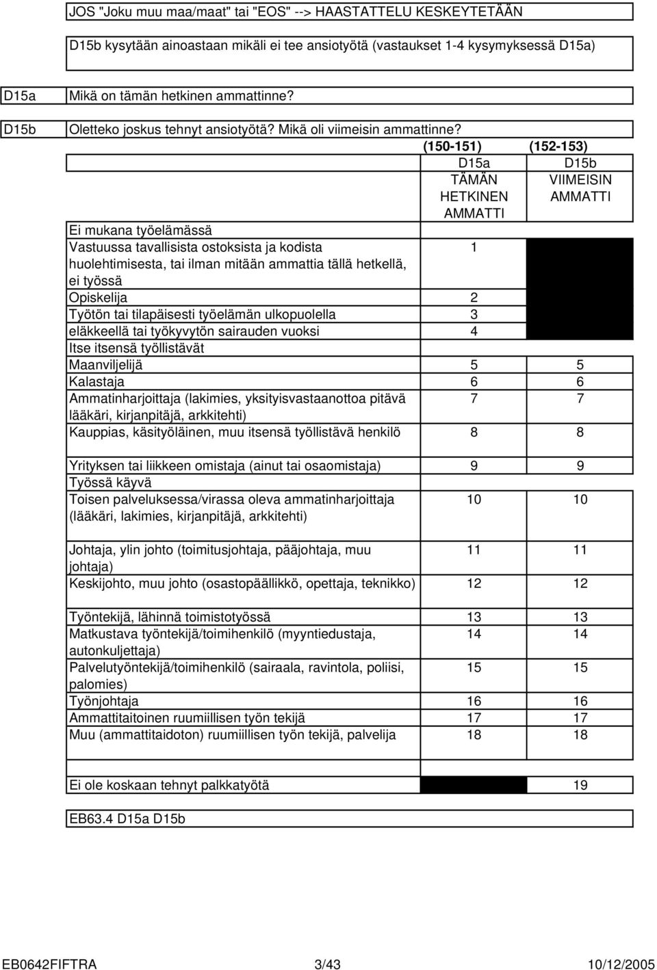 (0-) (-) Da Db TÄMÄN VIIMEISIN HETKINEN AMMATTI AMMATTI Ei mukana työelämässä Vastuussa tavallisista ostoksista ja kodista huolehtimisesta, tai ilman mitään ammattia tällä hetkellä, ei työssä