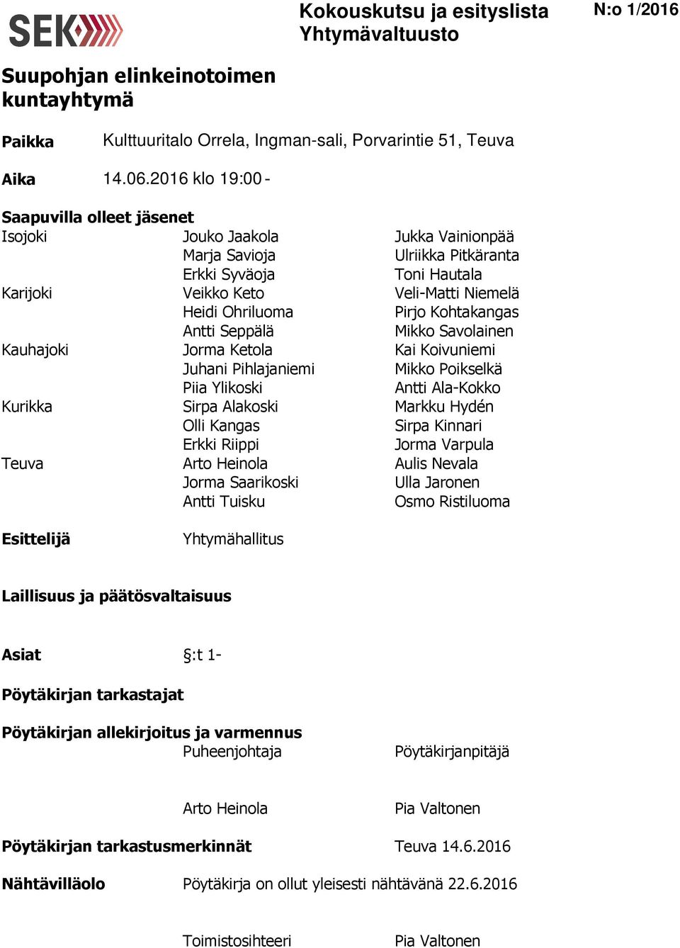 Arto Heinola Jorma Saarikoski Antti Tuisku Jukka Vainionpää Ulriikka Pitkäranta Toni Hautala Veli-Matti Niemelä Pirjo Kohtakangas Mikko Savolainen Kai Koivuniemi Mikko Poikselkä Antti Ala-Kokko