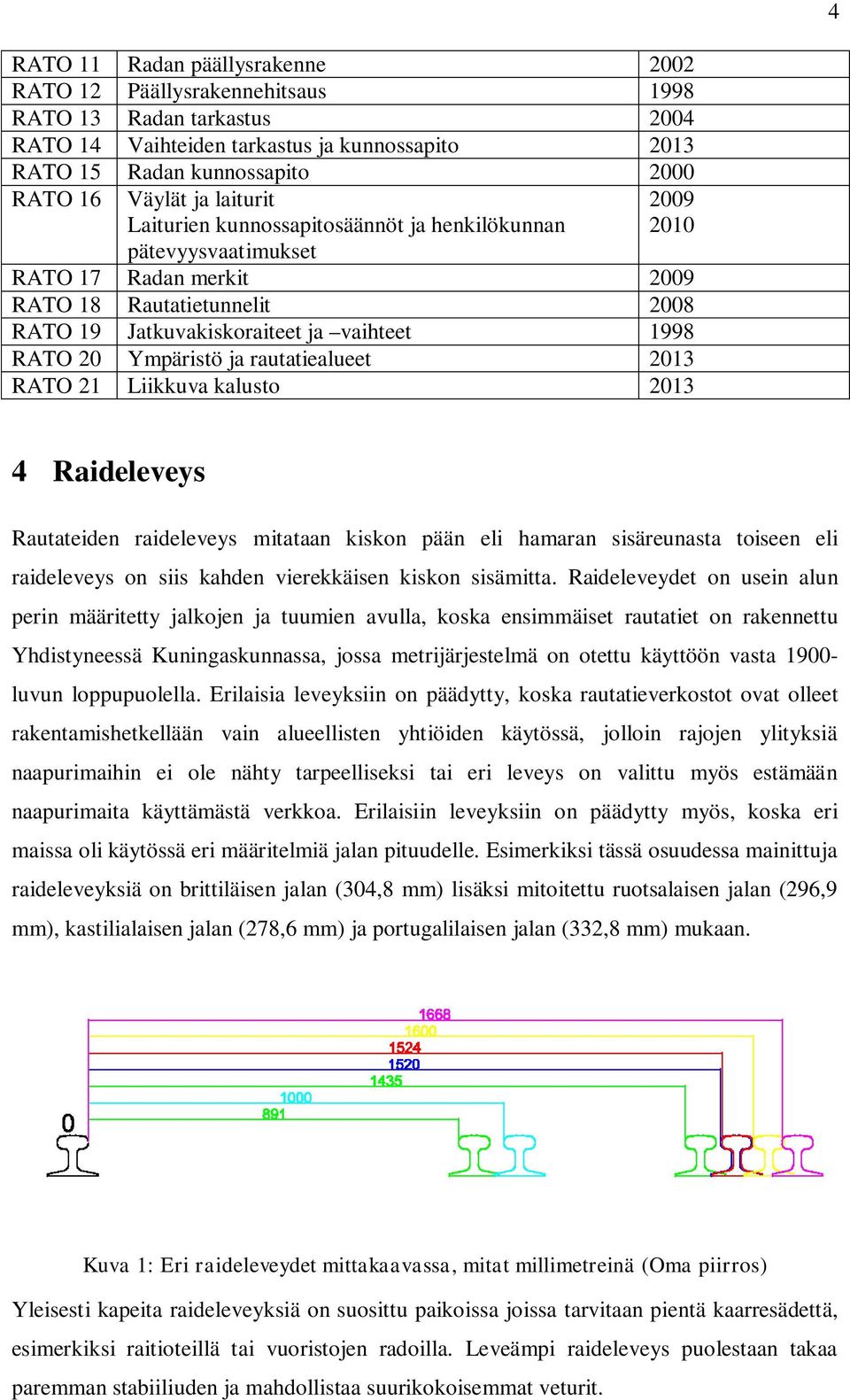 Ympäristö ja rautatiealueet 2013 RATO 21 Liikkuva kalusto 2013 4 Raideleveys Rautateiden raideleveys mitataan kiskon pään eli hamaran sisäreunasta toiseen eli raideleveys on siis kahden vierekkäisen