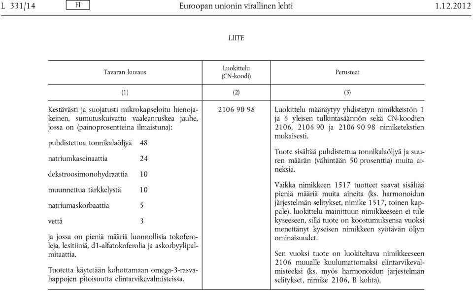 dekstroosimonohydraattia 10 muunnettua tärkkelystä 10 natriumaskorbaattia 5 vettä 3 ja jossa on pieniä määriä luonnollisia tokoferoleja, lesitiiniä, d1-alfatokoferolia ja askorbyylipalmitaattia.