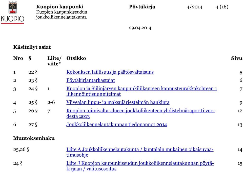 maksujärjestelmän hankinta 9 5 26 7 Kuopion toimivalta-alueen joukkoliikenteen yhdistelmäraportti vuodesta 2013 6 27 Joukkoliikennelautakunnan tiedonannot