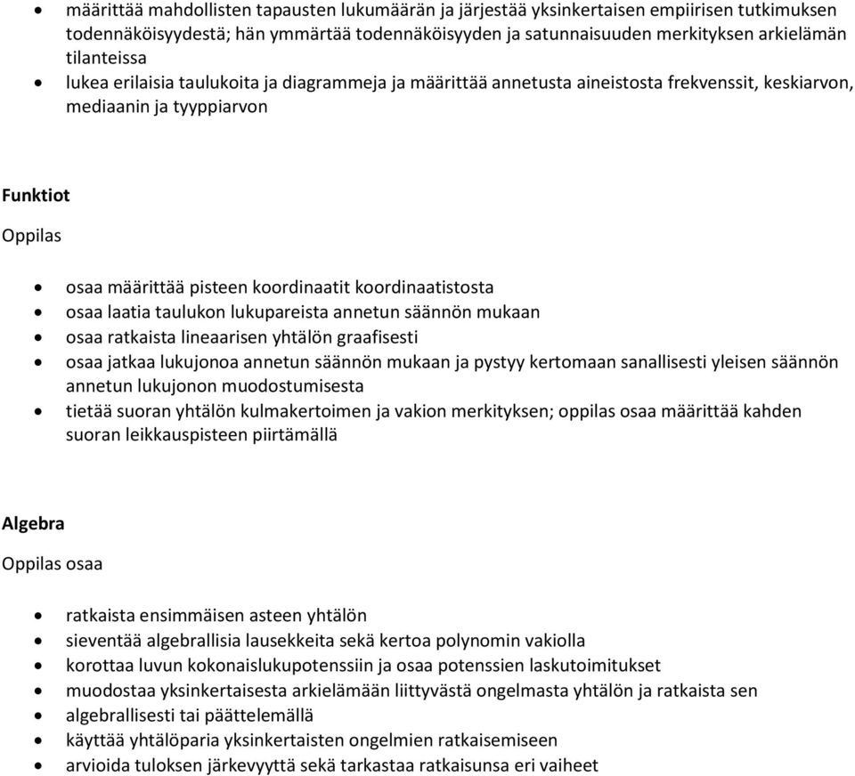 laatia taulukon lukupareista annetun säännön mukaan osaa ratkaista lineaarisen yhtälön graafisesti osaa jatkaa lukujonoa annetun säännön mukaan ja pystyy kertomaan sanallisesti yleisen säännön