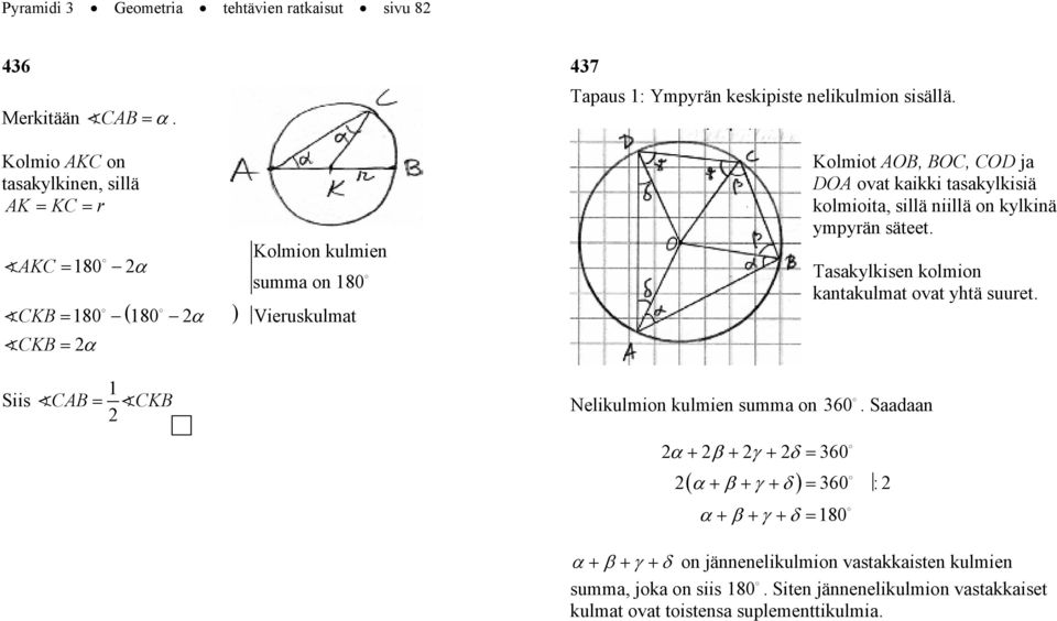 Kolmiot OB, BOC, COD ja DO ovat kaikki tasakylkisiä kolmioita, sillä niillä on kylkinä ympyän säteet. Tasakylkisen kolmion kantakulmat ovat yhtä suuet.