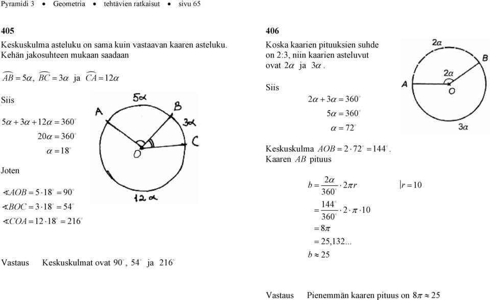 Kehän jakosuhteen mukaan saadaan B 5, BC ja C Siis 5 + + 0 8 Joten OB 58 90 BOC 8 54 CO 8 6